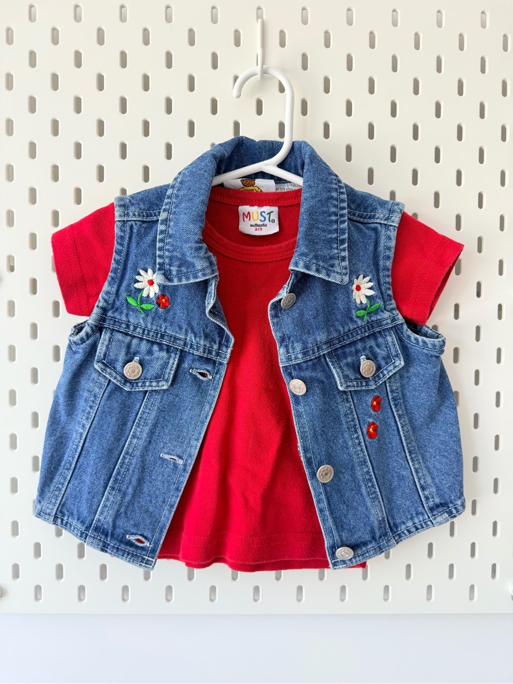 Vintage Denim Embroidered Vest with red tee 2T